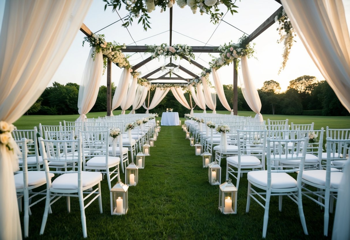 A serene outdoor wedding setting with a sea of white chairs and a canopy adorned with flowing white fabric and delicate floral arrangements