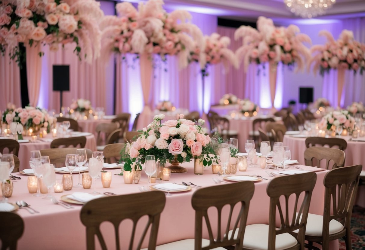 A vibrant scene of a wedding reception with an abundance of soft, romantic blush pink decor, from the flowers to the table settings