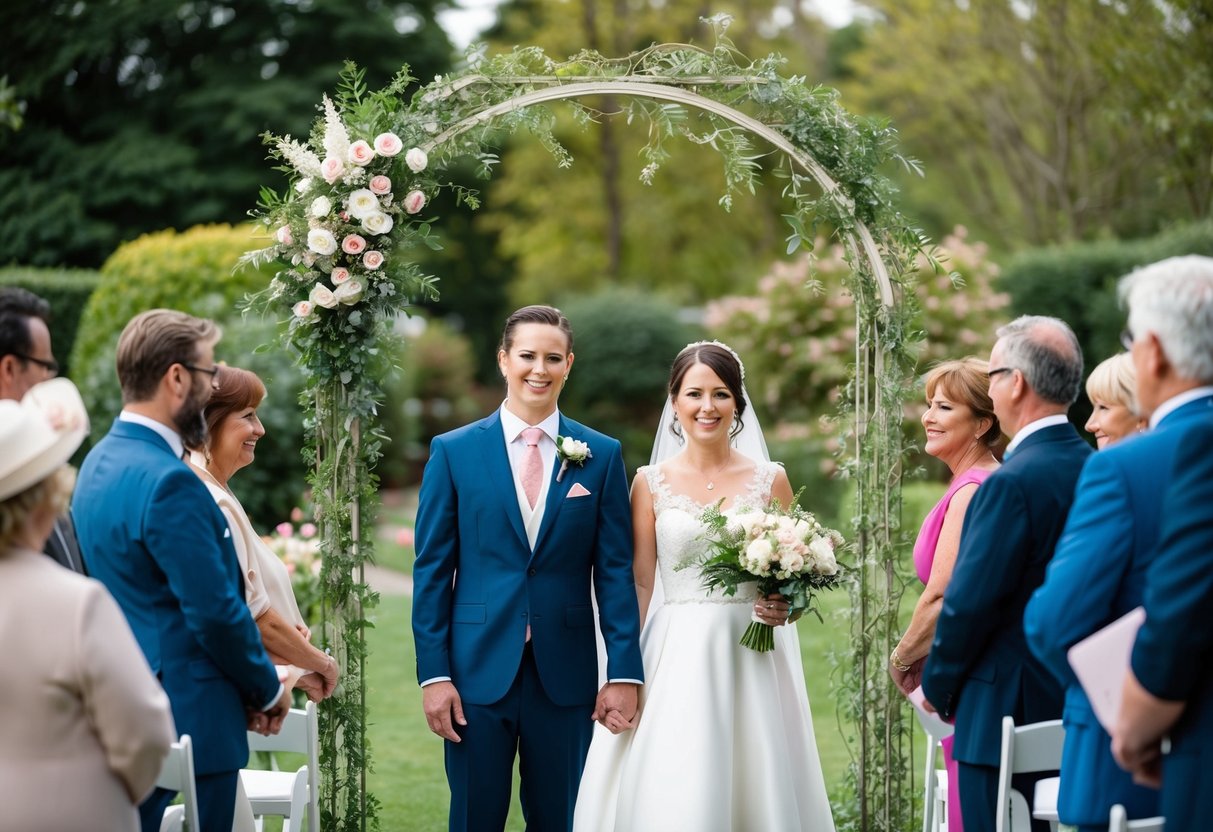A bride and groom standing under a simple archway with flowers, surrounded by a small group of guests in a garden setting