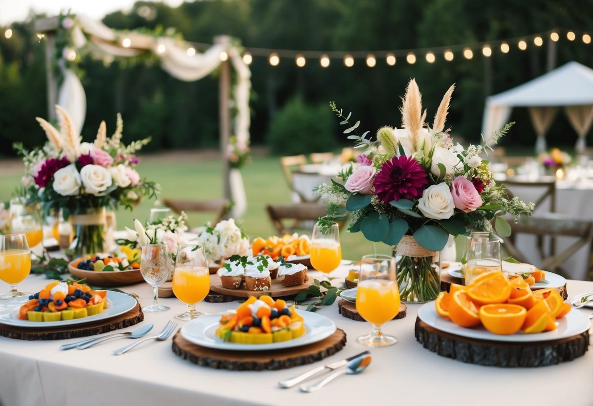 A rustic outdoor wedding with a colorful food and beverage spread, adorned with elegant floral decor, all within a budget of 5k