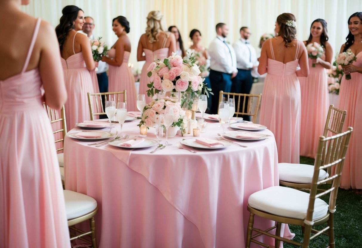 A vibrant scene of a wedding reception with a dominant color theme of soft pastel pink, seen in flowers, table linens, and bridesmaid dresses