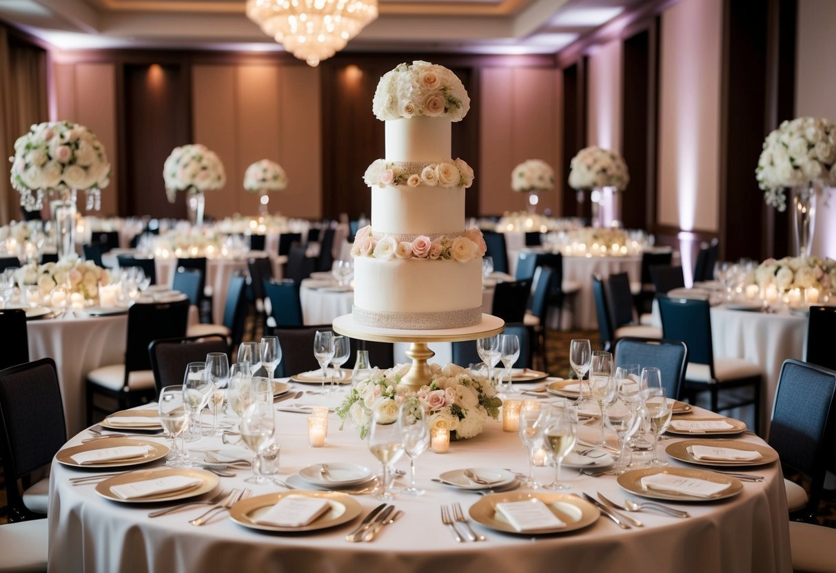 A lavish wedding banquet with 150 place settings, elegant floral centerpieces, and a grand tiered wedding cake