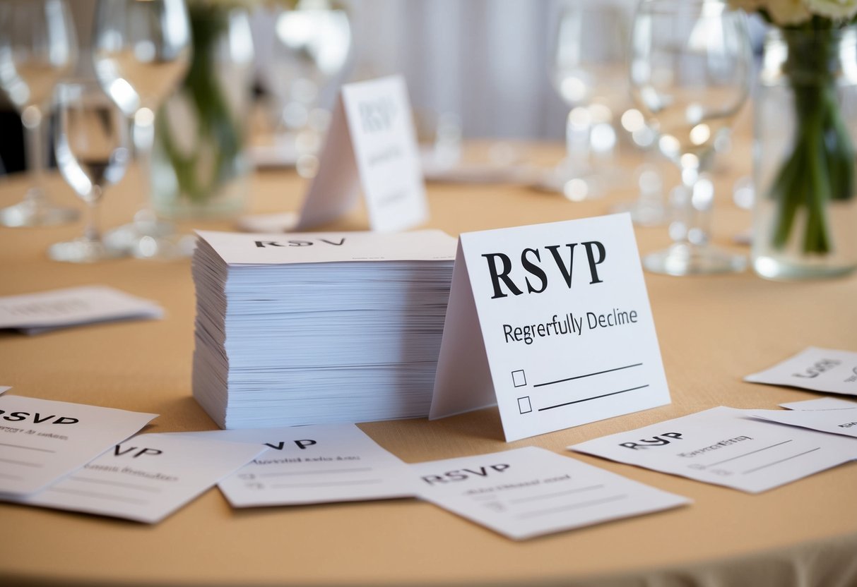 A pile of RSVP cards on a table, some with "regretfully decline" checked off