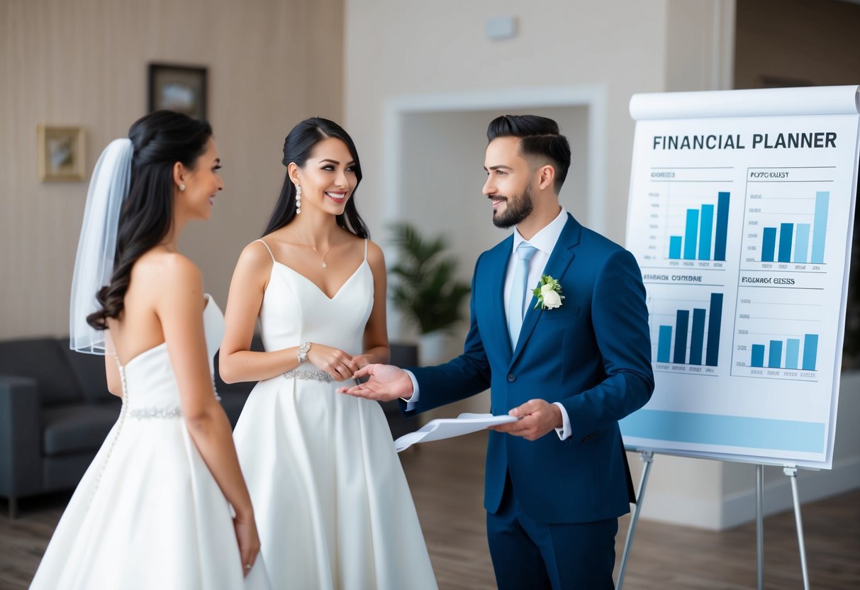 A bride and groom standing in front of a financial planner, discussing their wedding budget. The planner gestures to a chart showing various cost breakdowns