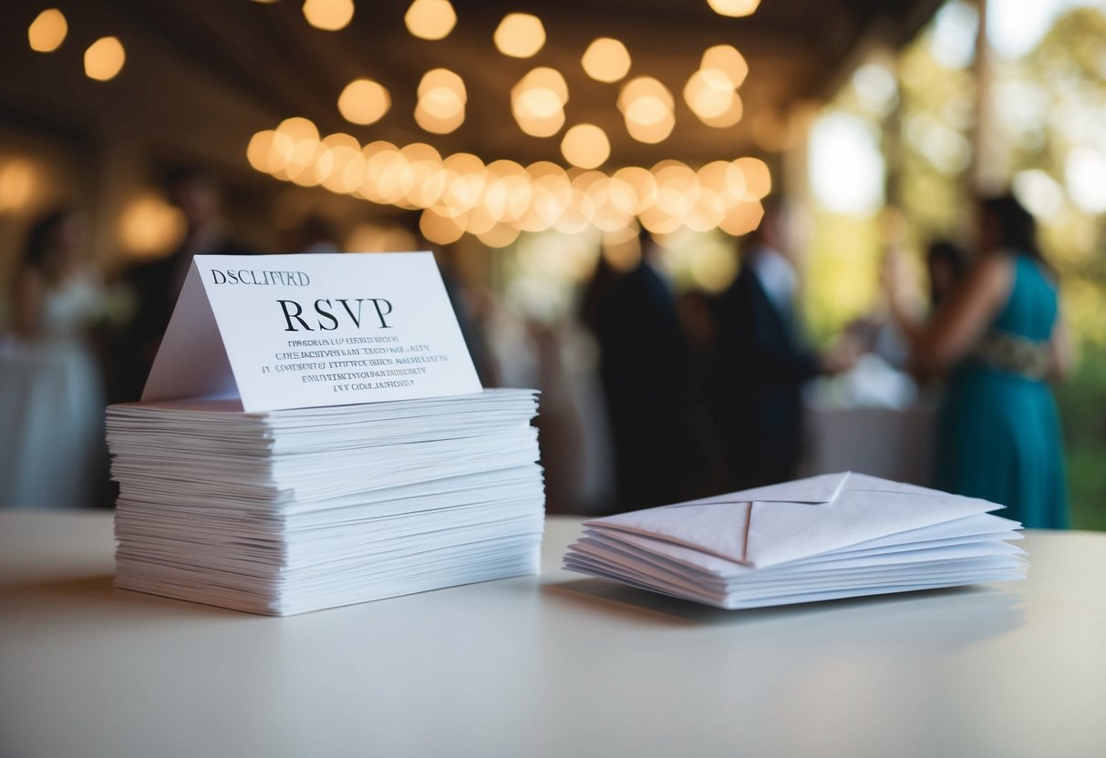 A stack of declined RSVP cards sits on a table next to a pile of unopened envelopes, indicating the number of guests who will not be attending the wedding