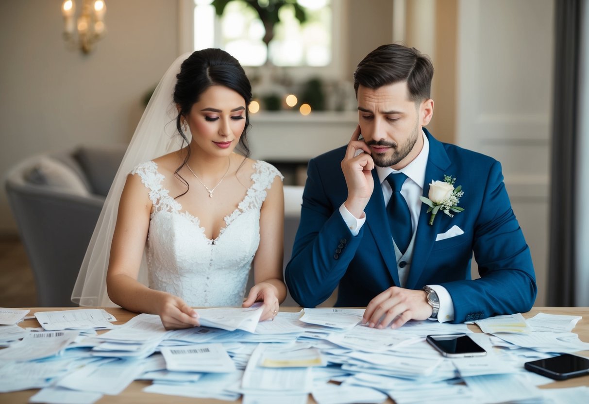 A bride and groom sit at a table covered in receipts and bills, looking concerned while tallying up the expenses for their upcoming wedding