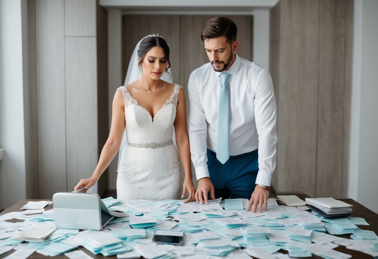 A bride and groom stand in front of a table covered in receipts and bills, looking concerned as they calculate their wedding expenses