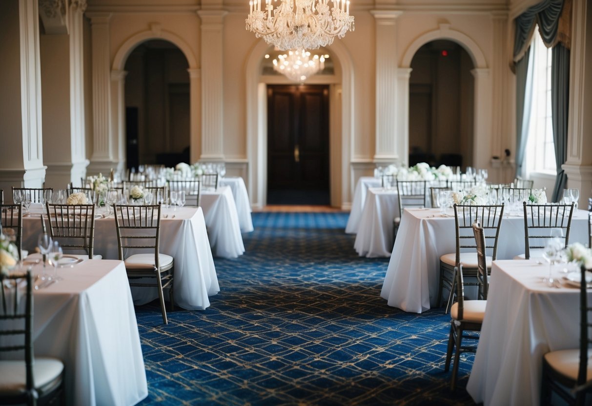 A grand wedding venue with empty chairs and tables, indicating a significant number of declined guests