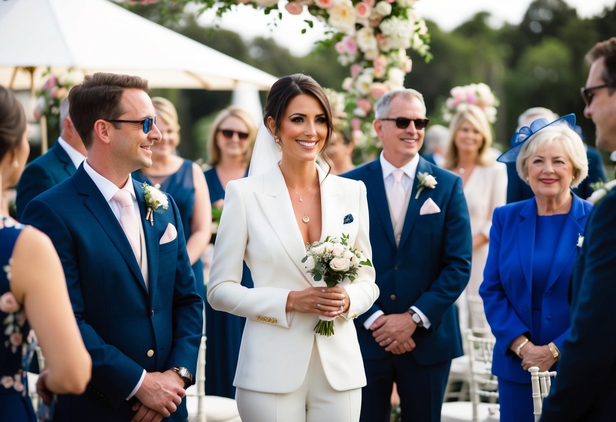 A woman in a stylish suit stands among other wedding guests, holding a small bouquet and smiling. The setting is a beautiful outdoor venue with flowers and decor