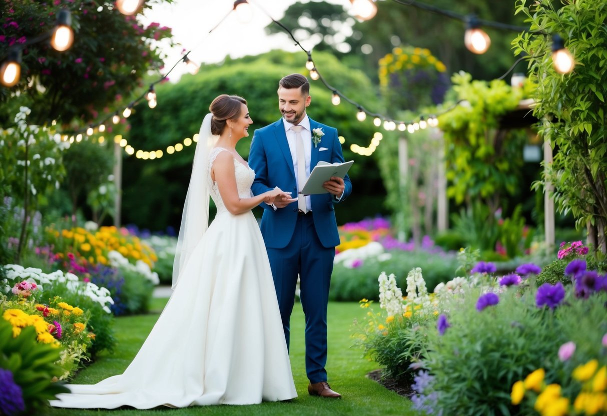 A bride and groom stand in a lush garden, surrounded by colorful flowers and twinkling lights, as they discuss their wedding budget