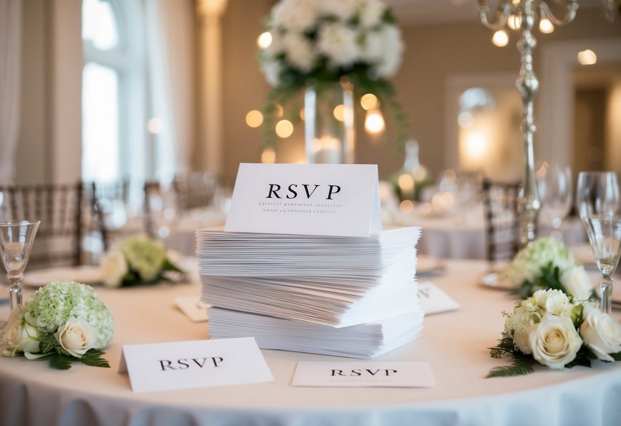 A stack of RSVP cards on a table, some with declined responses, surrounded by elegant wedding decor