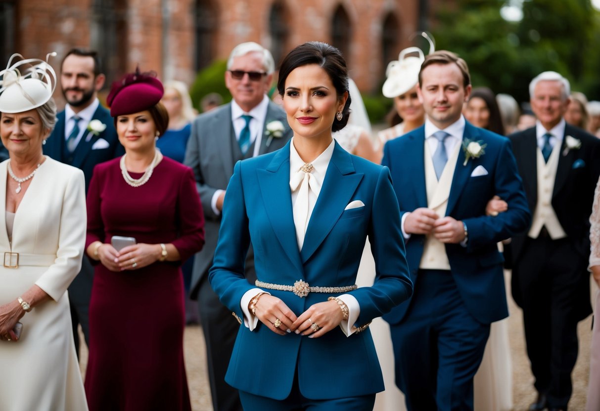 A woman in a tailored suit and elegant accessories stands among other wedding guests in formal attire