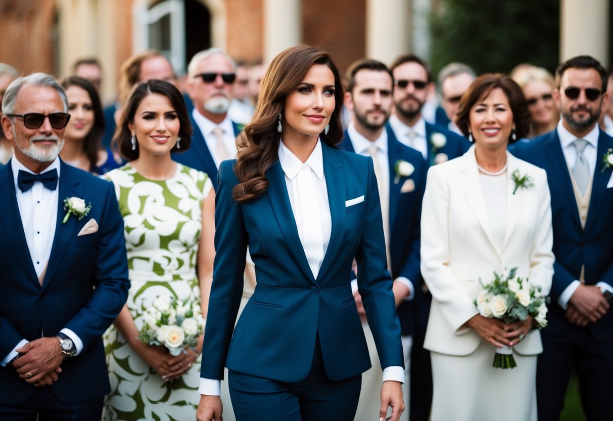 A woman in a stylish suit stands among a crowd of elegantly dressed wedding guests, considering her color and pattern choices