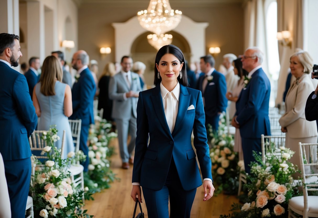 A woman in a stylish suit stands among guests at an elegant wedding venue, surrounded by seasonal flowers and decor