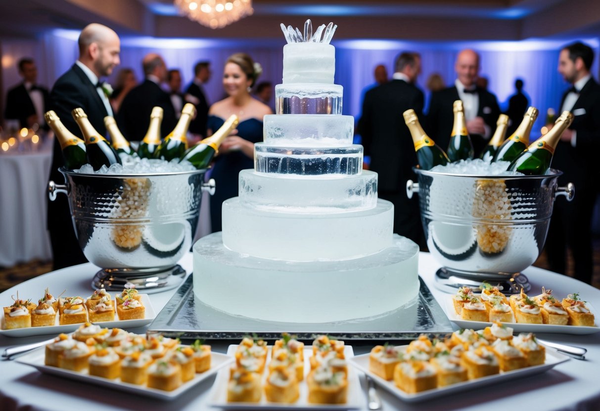 A large ice sculpture in the shape of a wedding cake surrounded by trays of chilled hors d'oeuvres and a display of ice buckets filled with bottles of champagne