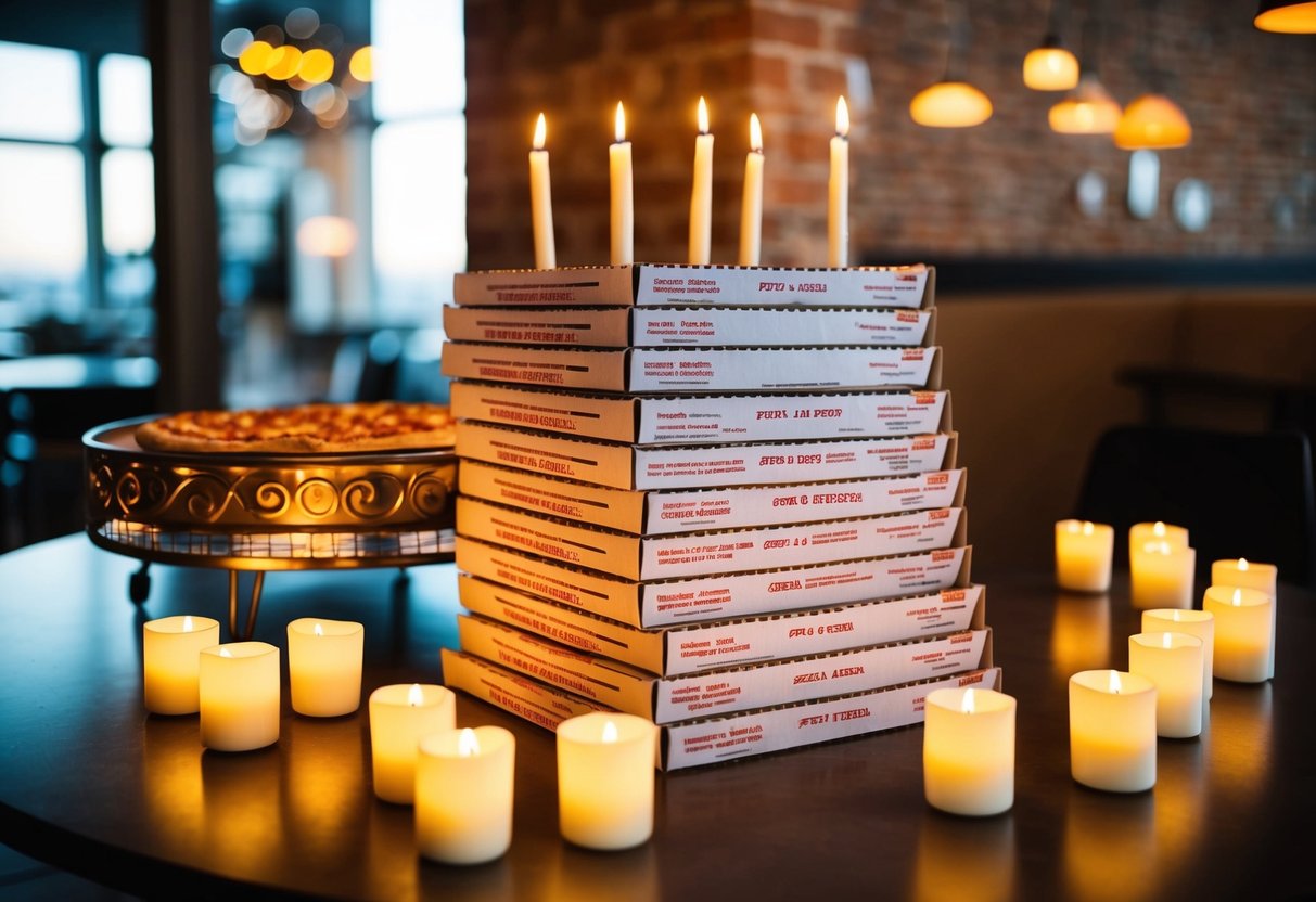 A table with a stack of pizza boxes, surrounded by lit candles and a decorative pizza warmer
