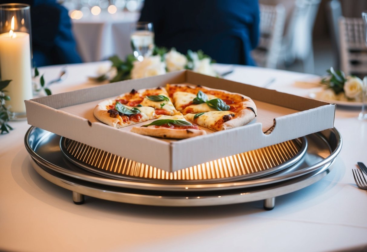 A pizza box sits atop a sleek, stainless steel warming tray, emitting a gentle heat to keep the slices warm and ready for guests at a wedding reception