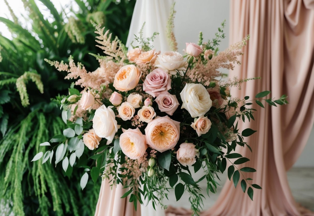 Soft pink, peach, and dusty rose flowers arranged in a cascading bouquet, set against a background of lush greenery and flowing fabric