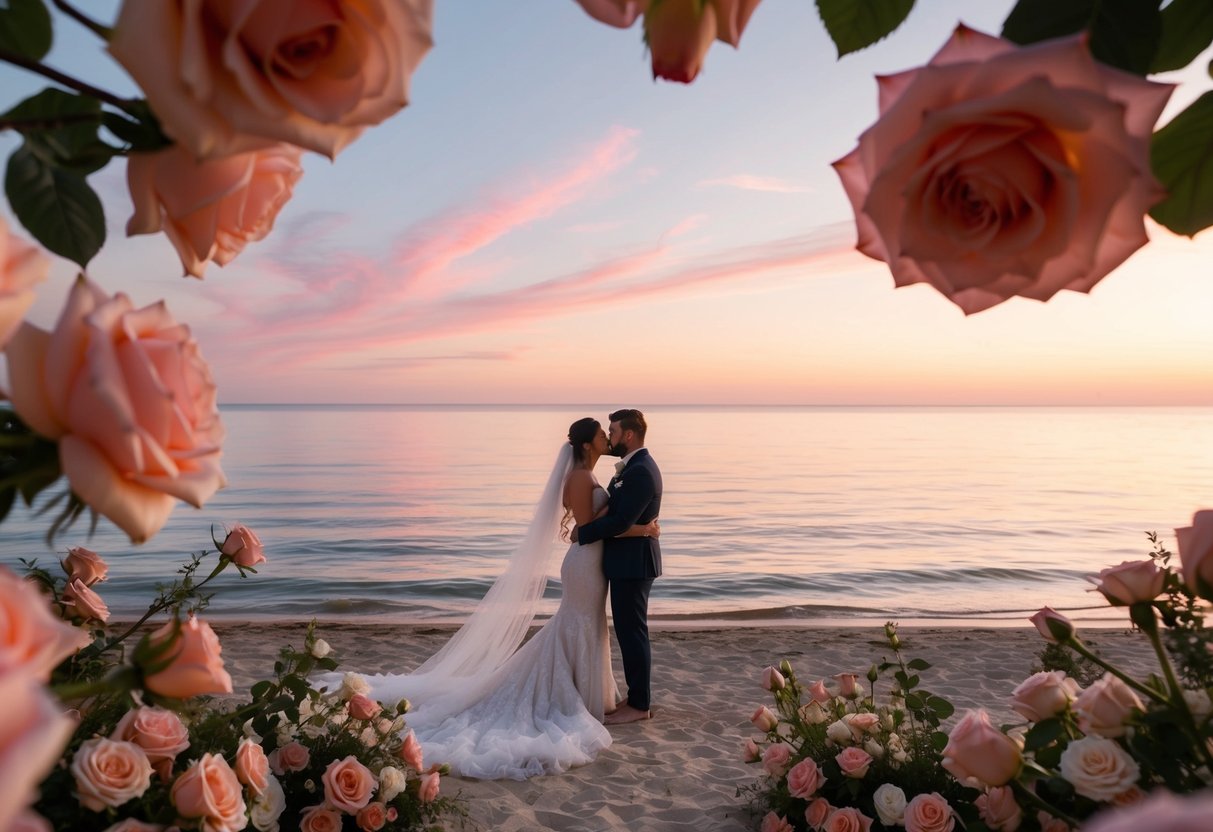 A sunset beach wedding with soft pink and peach hues reflecting on the water, surrounded by blooming roses and delicate chiffon fabric