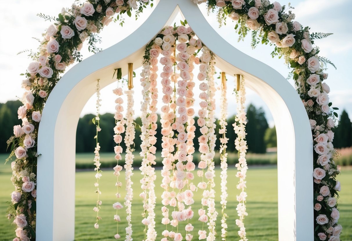 Soft pink and dusty rose flowers cascading down an elegant white wedding arch, with touches of gold and champagne accents