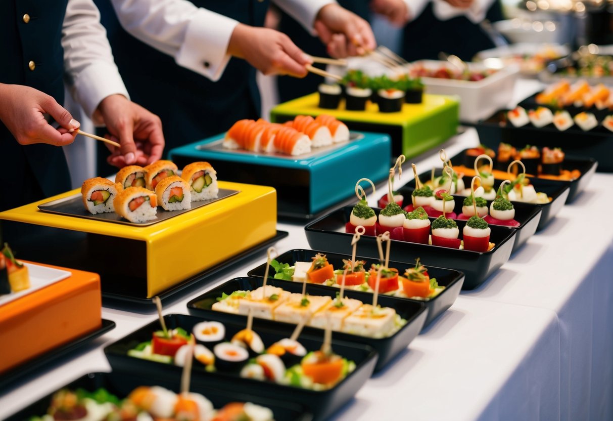 Colorful food stations with sushi, charcuterie, and dessert displays. Servers pass around mini sliders, bruschetta, and caprese skewers