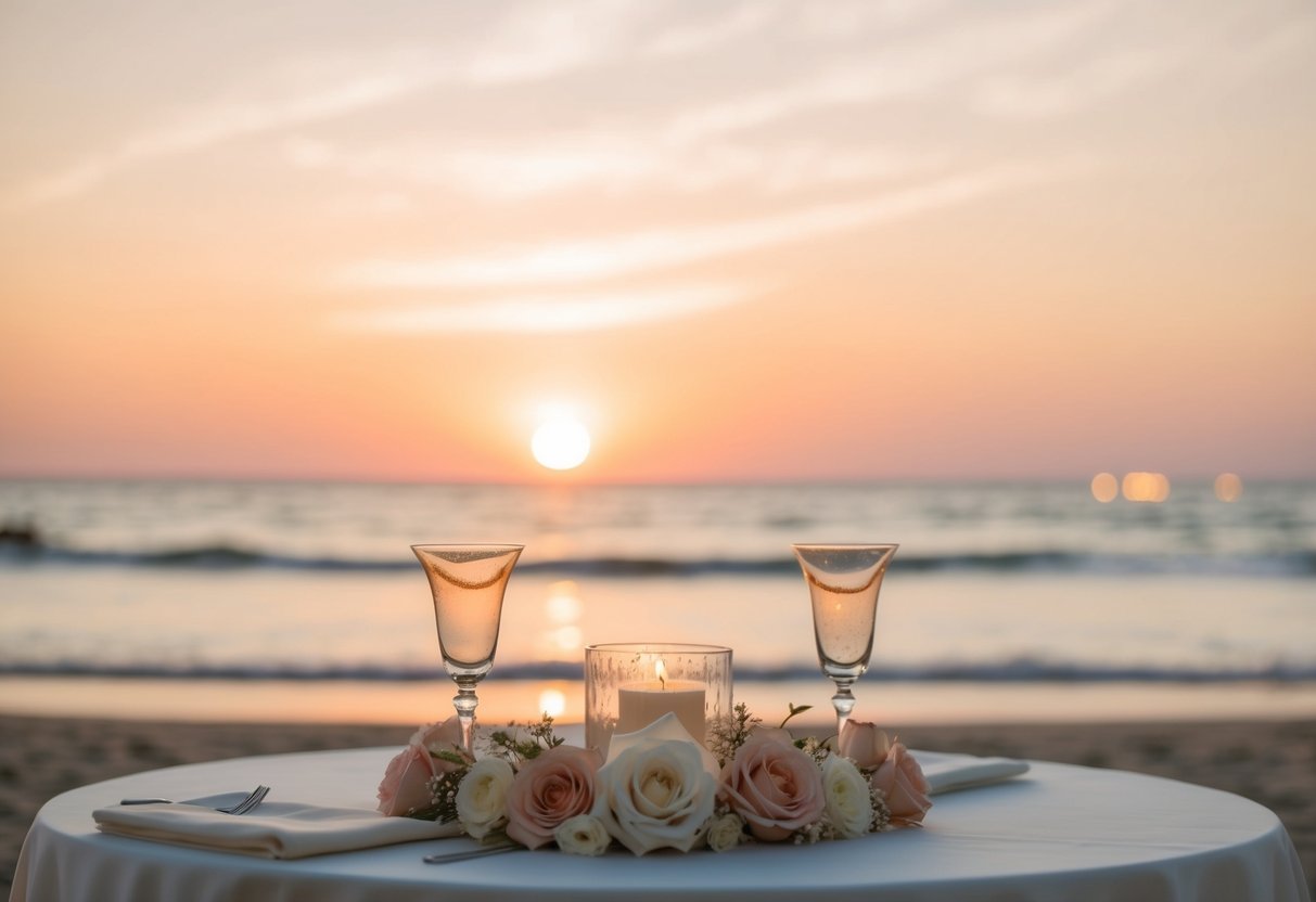 A sunset beach wedding with warm tones of blush, gold, and peach, accented with soft touches of ivory and champagne