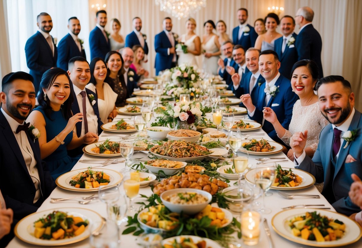 A long banquet table adorned with elegant place settings and overflowing with a variety of delicious dishes, surrounded by joyful guests at a wedding celebration