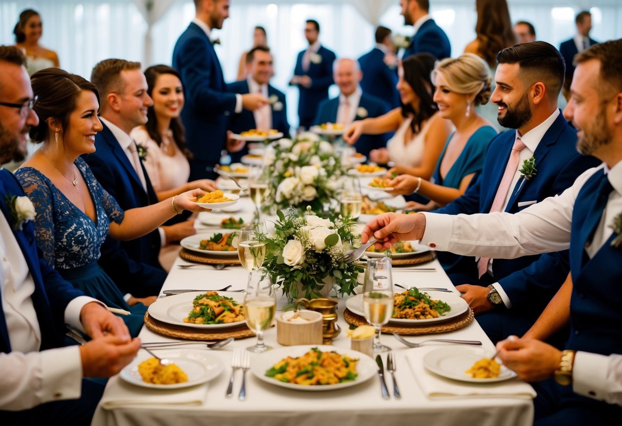 A table set with various dishes and utensils, surrounded by guests at a wedding reception. Food portions are being served to each guest