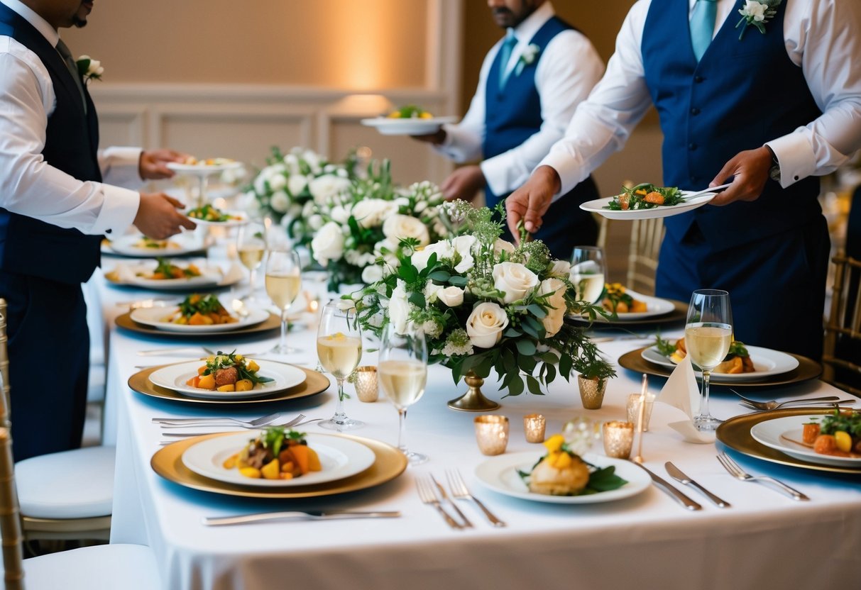 A beautifully set table at a wedding reception, with elegant place settings and a variety of dishes being served by attentive waitstaff