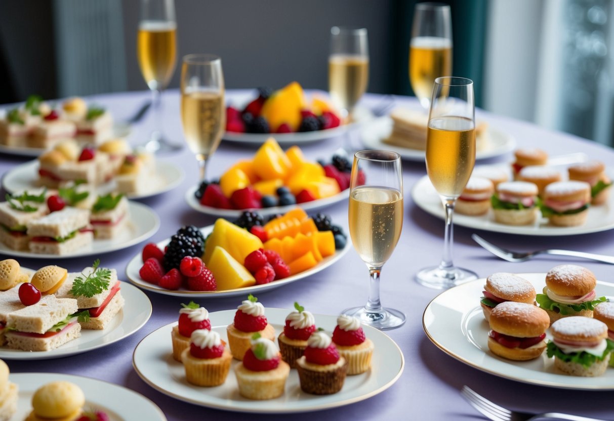 A table adorned with an assortment of finger sandwiches, fruit platters, and mini pastries. Tea and champagne glasses are also present