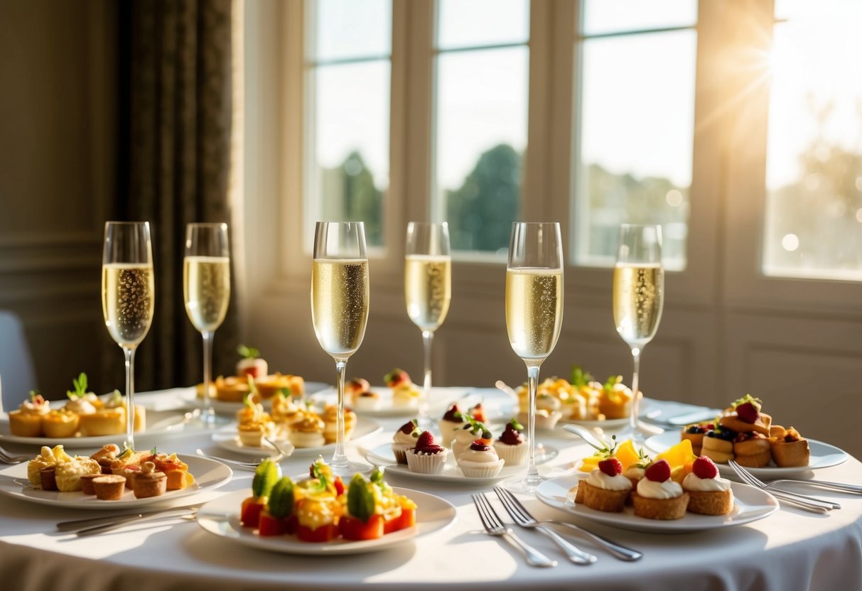A table set with an assortment of finger foods, small desserts, and champagne flutes. Sunlight streams through the windows, casting a warm glow over the elegant spread