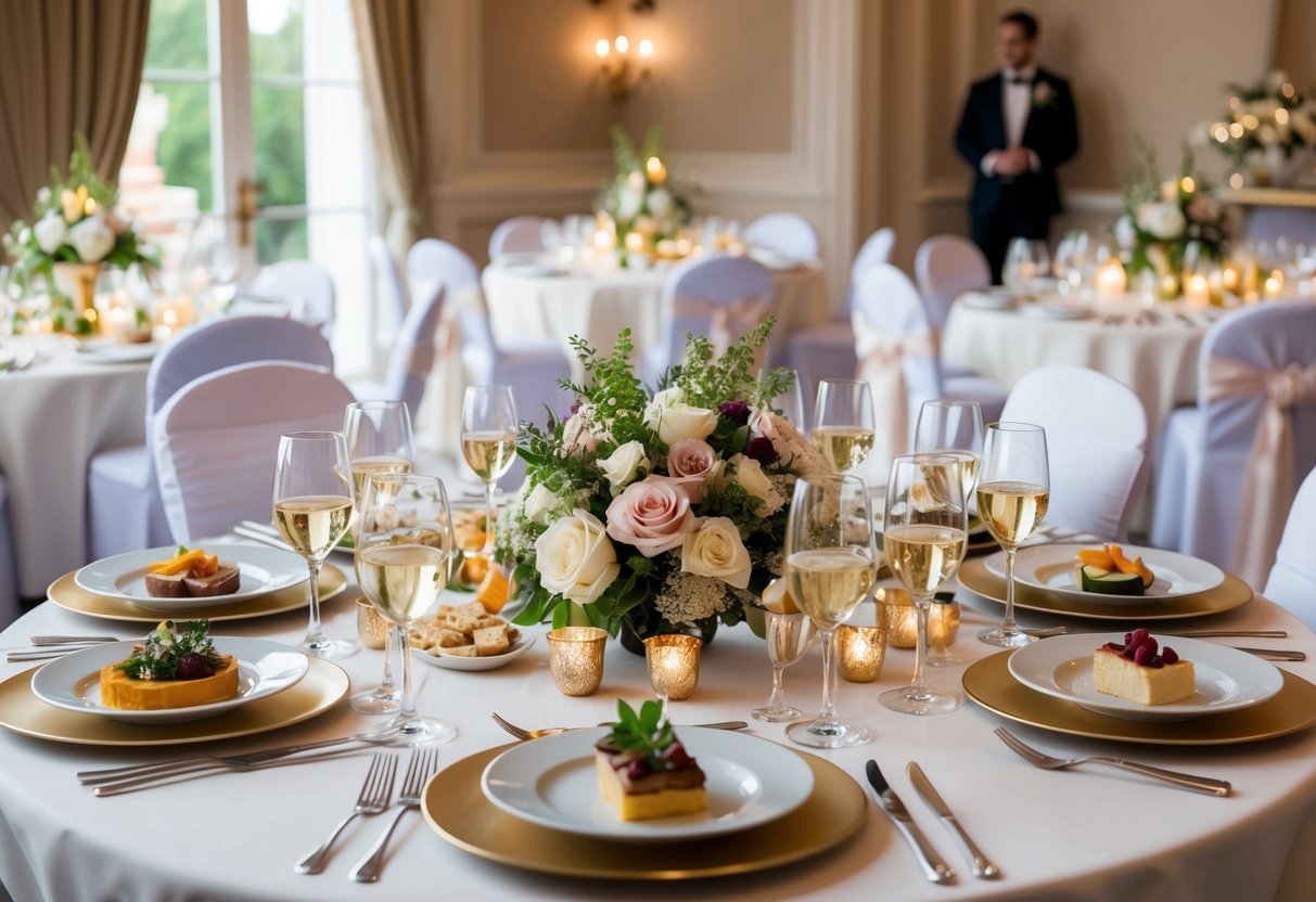 A beautifully set table with elegant place settings and a variety of gourmet dishes, including appetizers, entrees, and desserts, all carefully arranged for a 3pm wedding reception