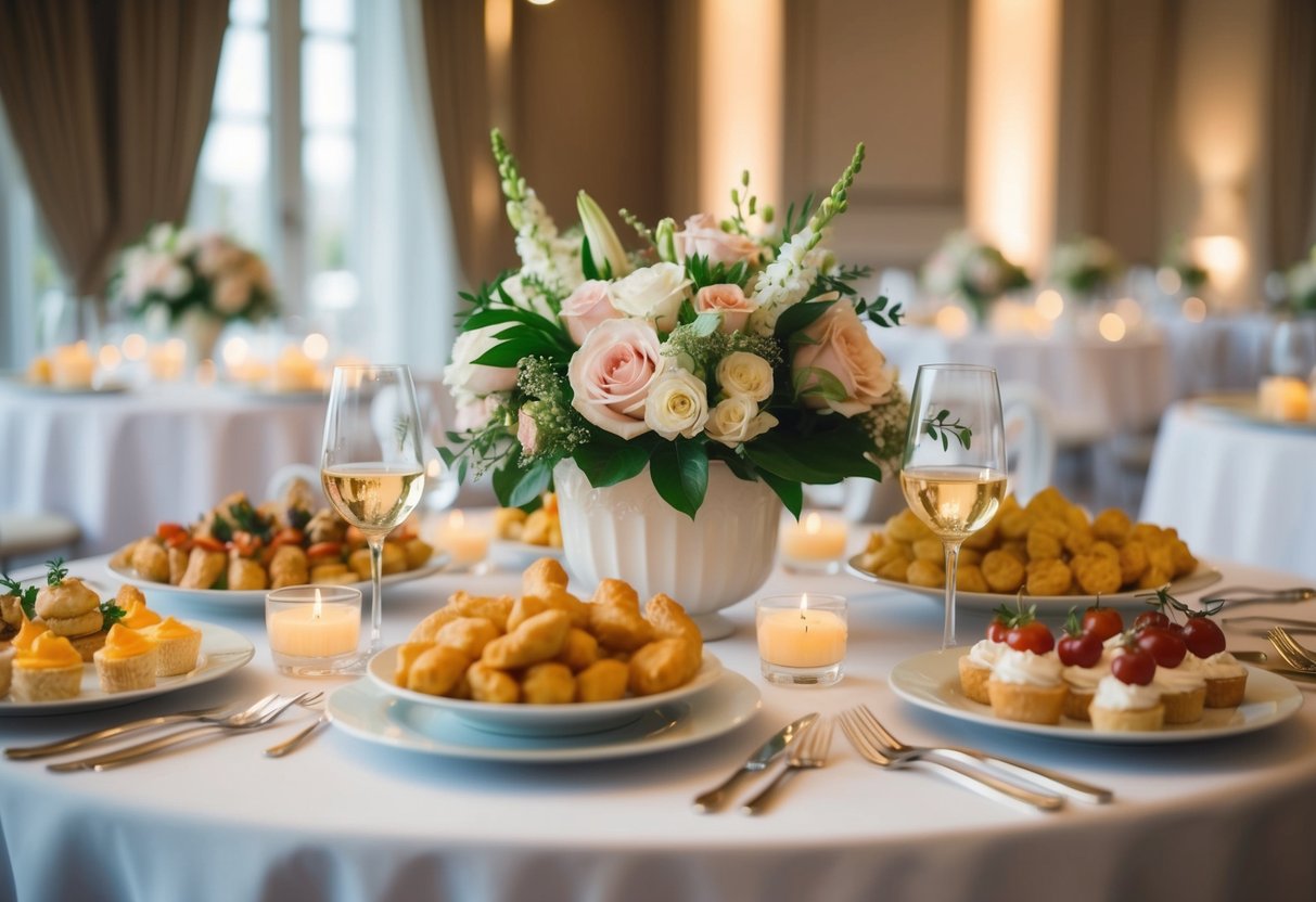 A table set with an assortment of finger foods and light refreshments, surrounded by elegant floral arrangements and soft ambient lighting