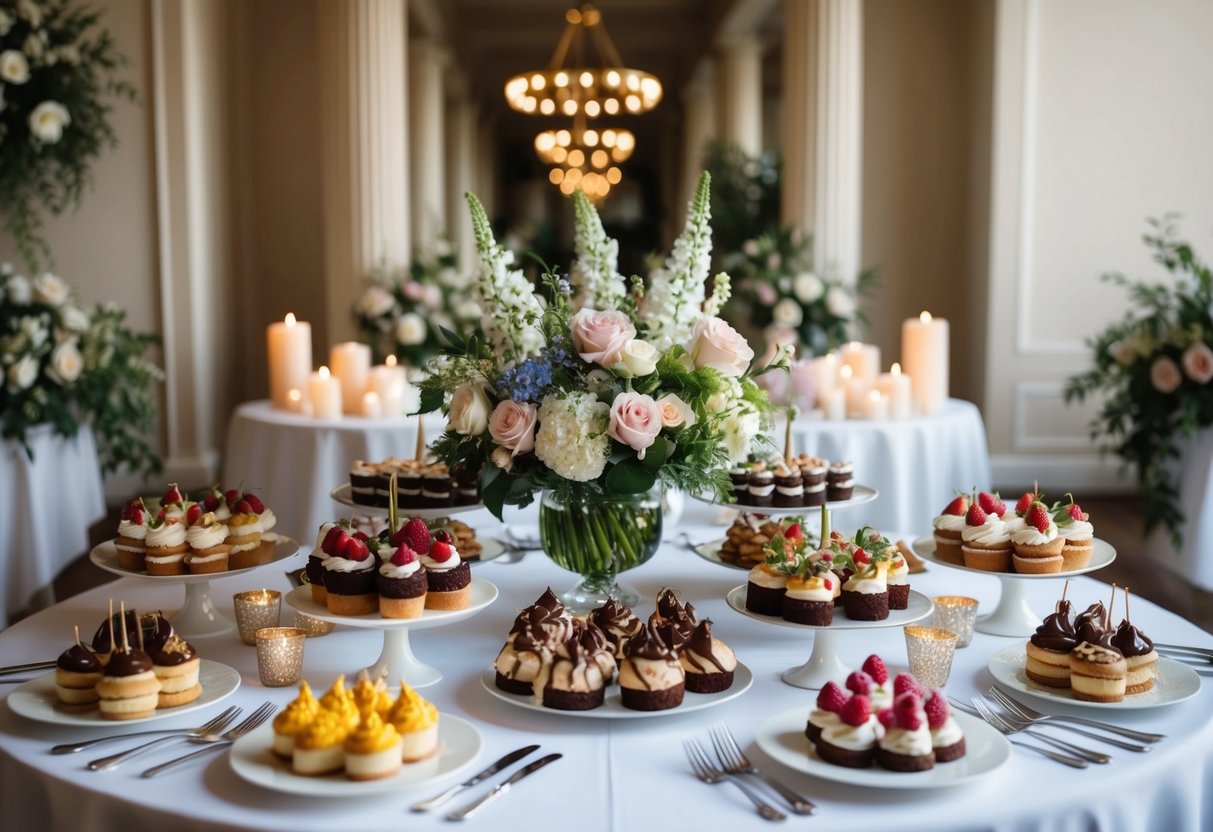 A table adorned with an array of decadent desserts and afternoon treats, surrounded by elegant floral arrangements and soft candlelight