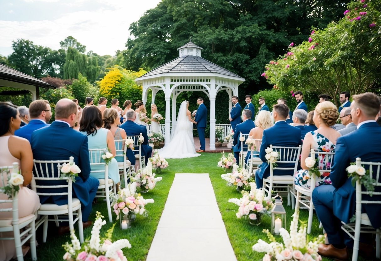 A beautiful outdoor wedding ceremony in a garden with a gazebo, blooming flowers, and guests seated on white chairs