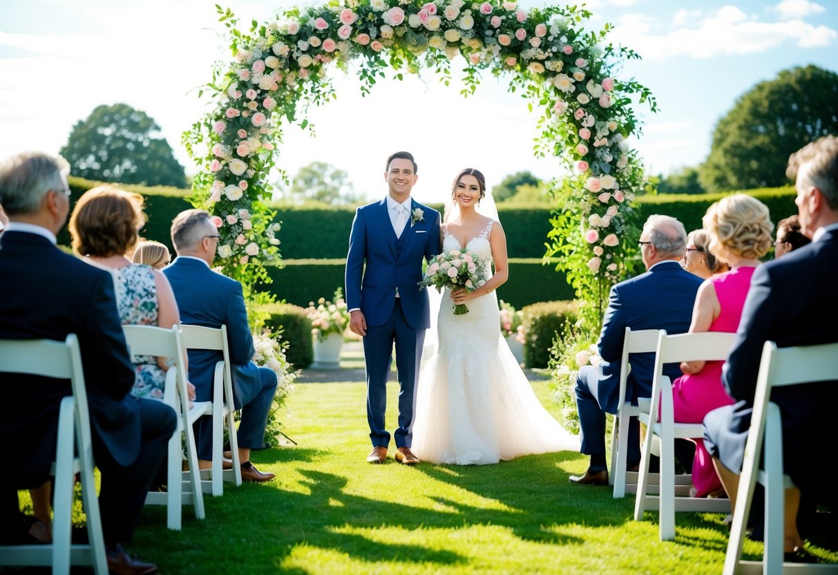 A bride and groom stand beneath a floral arch in a sunlit garden, surrounded by family and friends seated in white chairs