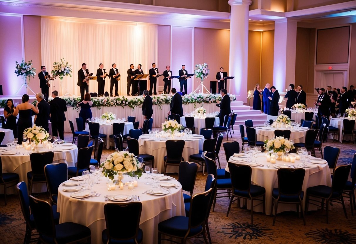 The wedding reception takes place in a grand ballroom with round tables, elegant floral centerpieces, and soft lighting. A live band plays on a raised stage as guests mingle and dance