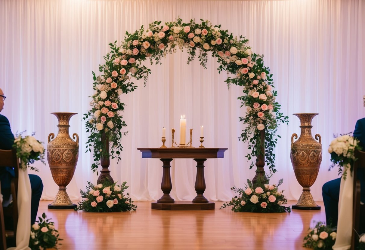 A decorative ceremonial arch stands adorned with flowers and fabric, flanked by ornate ceremonial vessels and a symbolic unity candle
