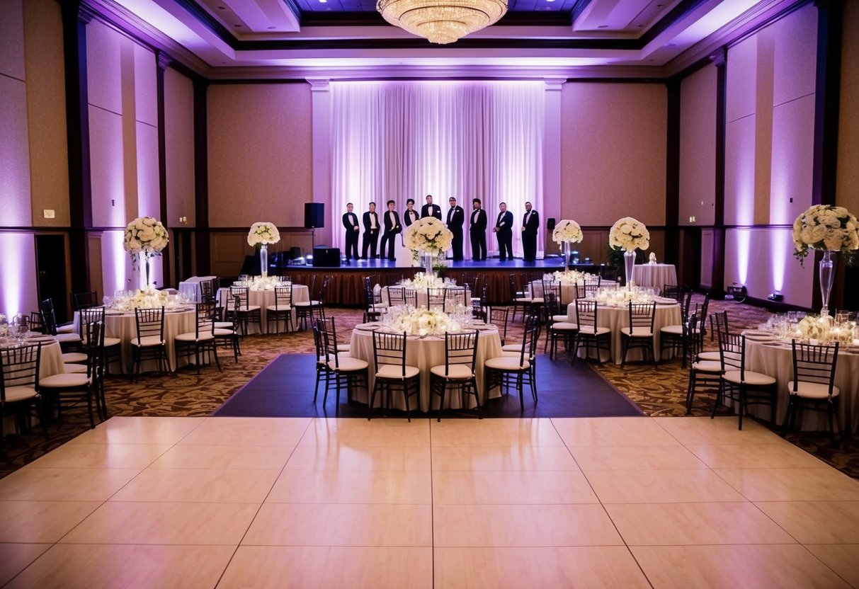 A grand ballroom with round tables, elegant centerpieces, and a dance floor. A stage with a band setup and a head table for the wedding party