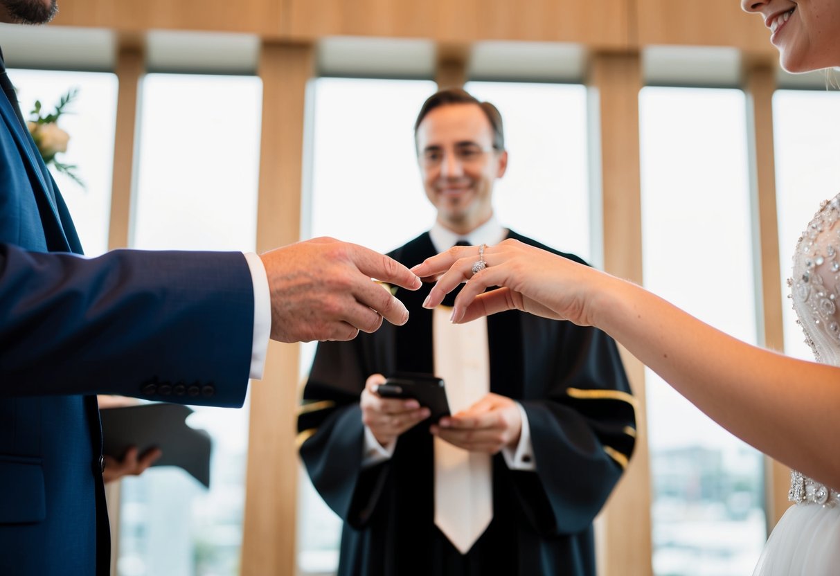 A bride and groom exchanging rings in front of a judge or officiant