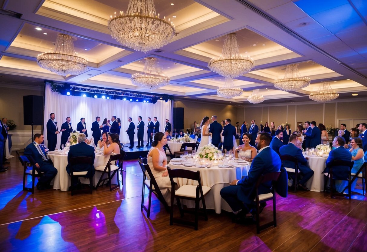 A wedding reception with a dance floor, dining tables, and a stage for speeches and entertainment. Guests are mingling and enjoying the celebration