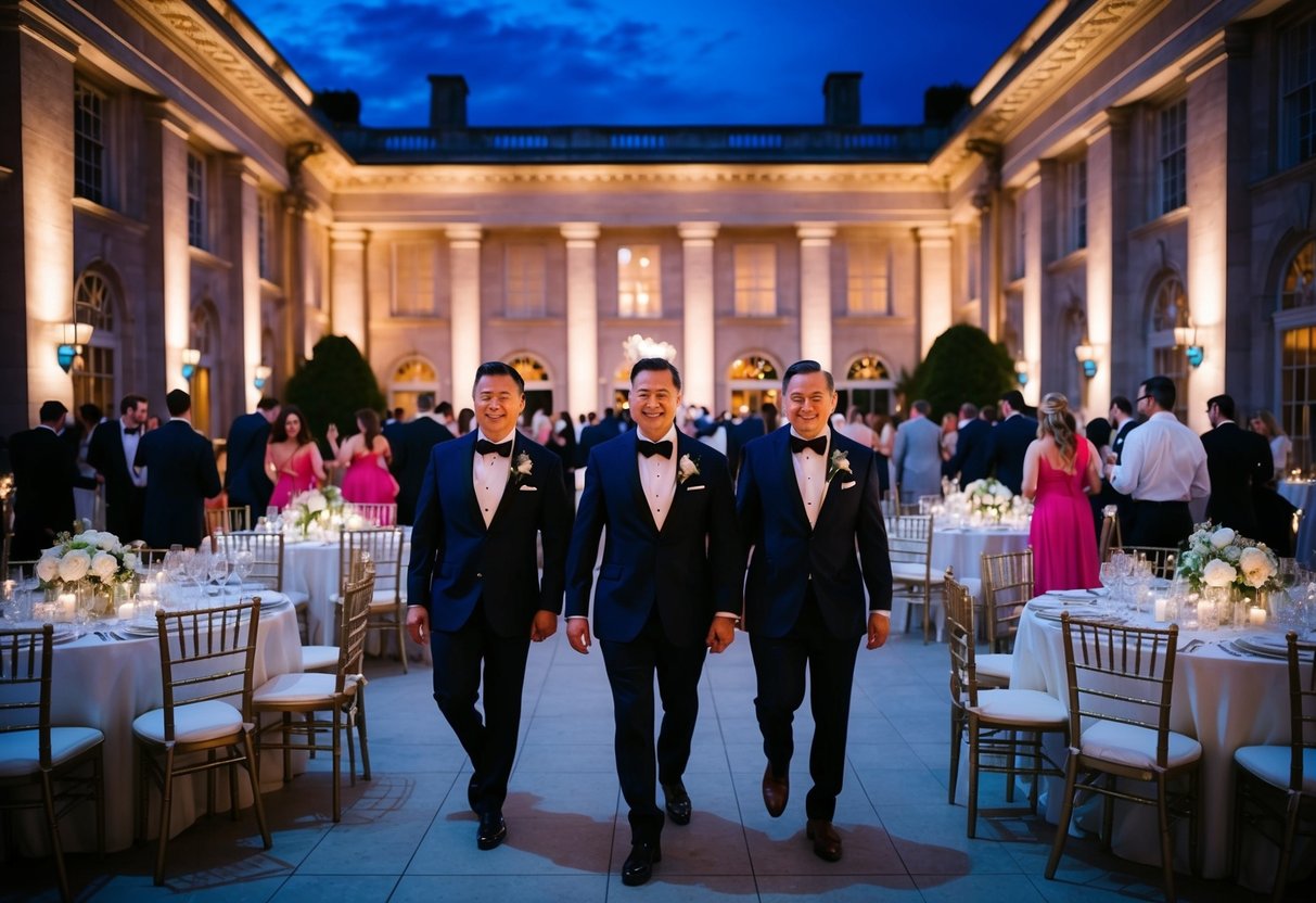 Guests stream out of a grand reception hall, heading towards a festive after-party. Tables and chairs are being cleared away as the evening sky darkens