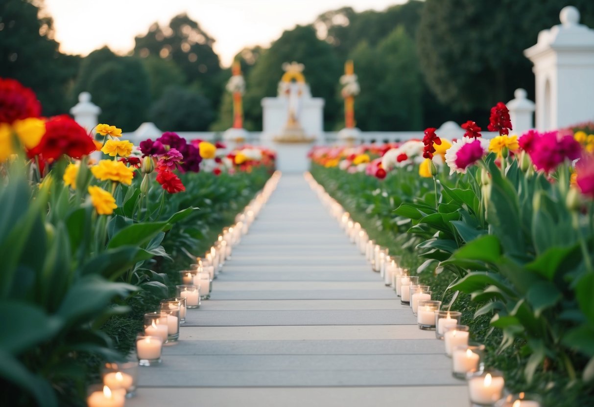 A path lined with flowers leads to an altar