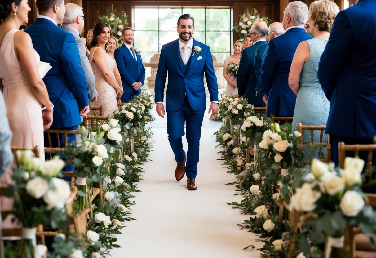 The groom walks down the flower-lined aisle towards the altar. The guests watch as he makes his way to the front of the ceremony