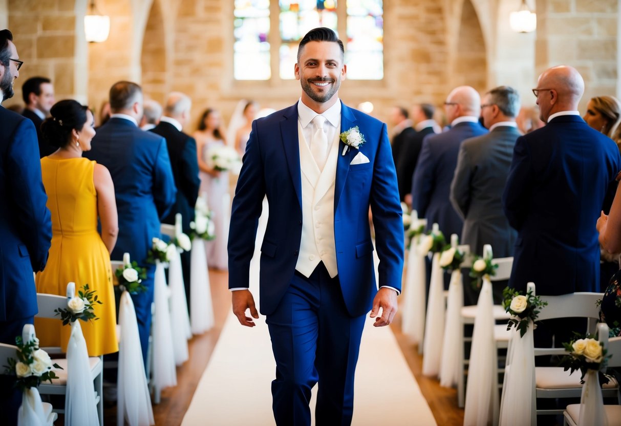The groom confidently strides down the aisle, head held high, as he makes his way towards the altar