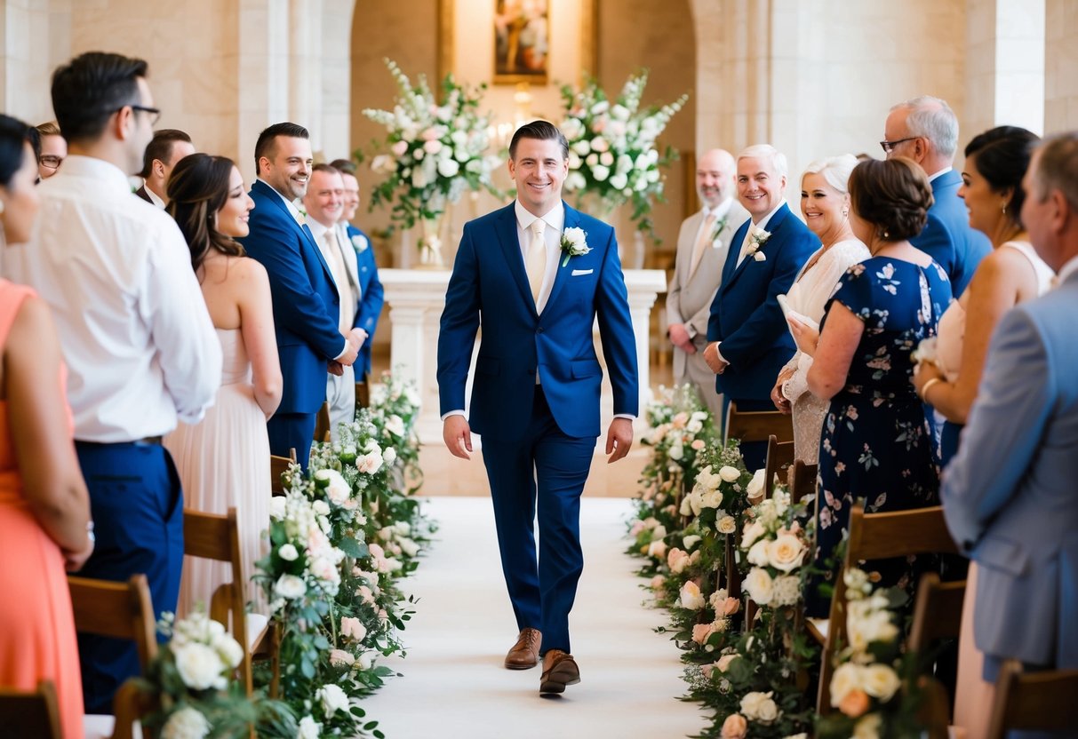 The groom confidently walks down the flower-adorned aisle towards the altar, surrounded by the anticipation and joy of the wedding guests
