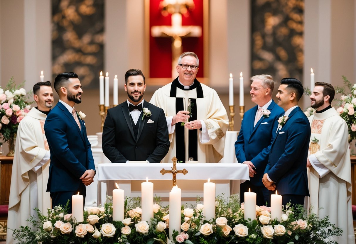 A groom standing at the altar with a priest or officiant, surrounded by flowers and candles, with the bride's presence implied but not shown