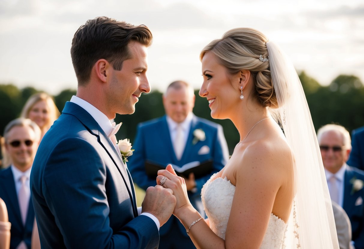 A bride and groom standing face to face, exchanging rings and making eye contact as they recite their wedding vows
