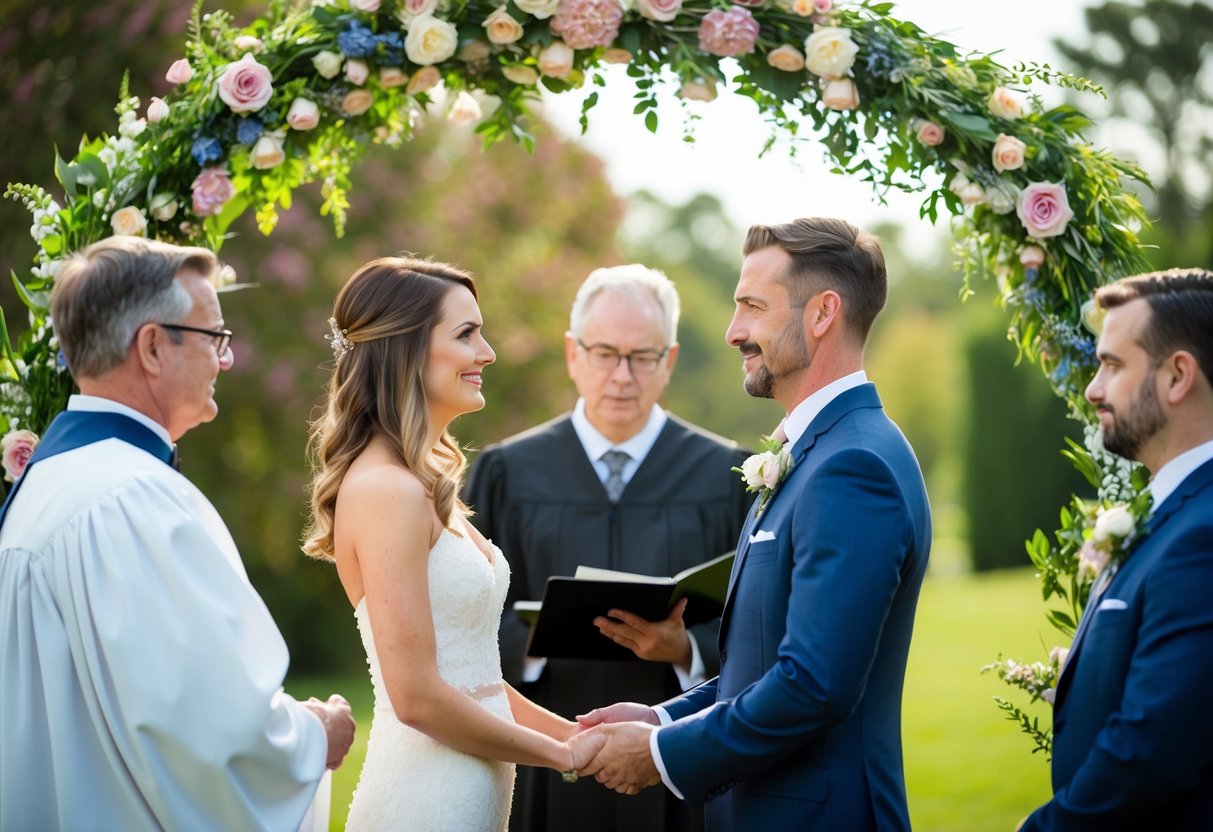 A man and woman stand facing each other under a floral archway. A minister or officiant presides over the ceremony, asking the woman if she takes the man's wedding vows