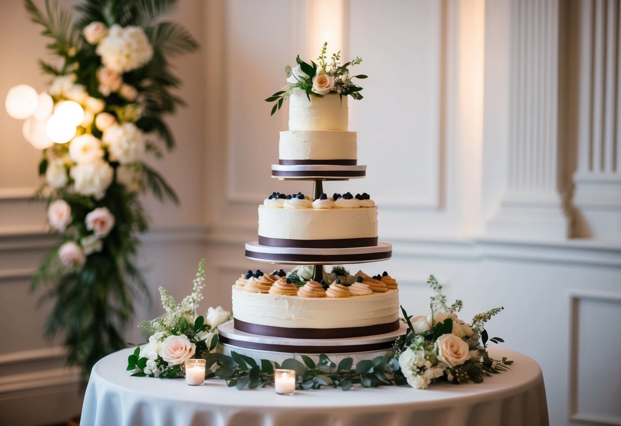 A tiered wedding cake with various frostings and fillings displayed on a table, surrounded by elegant floral decorations and soft lighting
